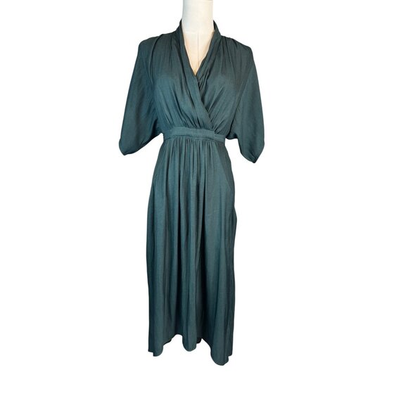 ZARA XS Green Midi Wrap Dress Tie Waist Puff Sleeves Polyester Fabric - Picture 2 of 15